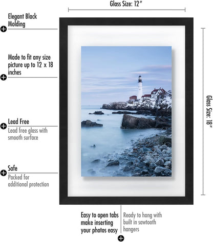 Americanflat 12x18 Floating Picture Frame with Polished Crystal-Clear Glass - Use as 8x10 Picture Frame or Display 5x7 Photo - Signature Float Collection - Photo Frames for Wall Display - Black