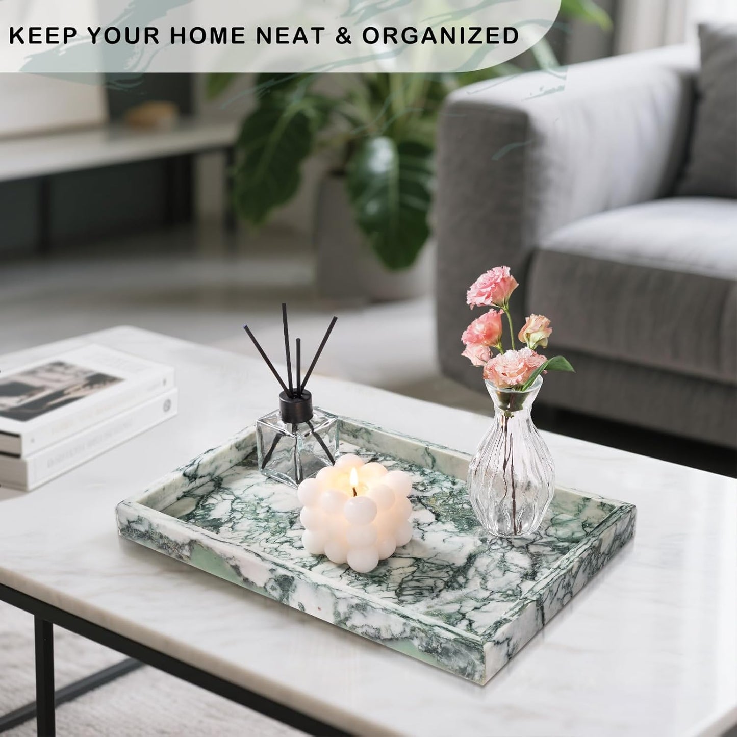 Marble Bathroom Tray for Countertop & Home Decor, Natural Decorative Marble Tray for Jewelry & Perfume Organizer, Luxury Stone Vanity Trays for Dresser, Kitchen Counter, 12" x 8", Gray Black