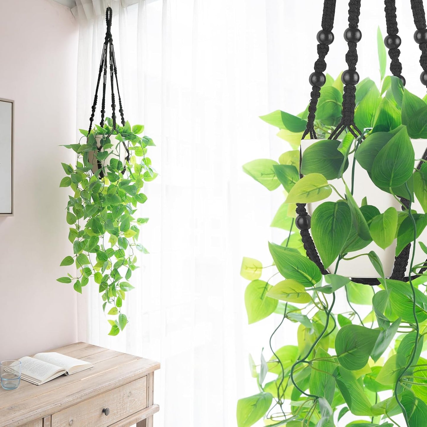 Mkono Fake Hanging Plant with Pot, Artificial Plants for Home Decor Indoor Macrame Plant Hanger with Fake Vines Greenery for Bedroom Bathroom Kitchen Office Decor, Ivory (Pothos)