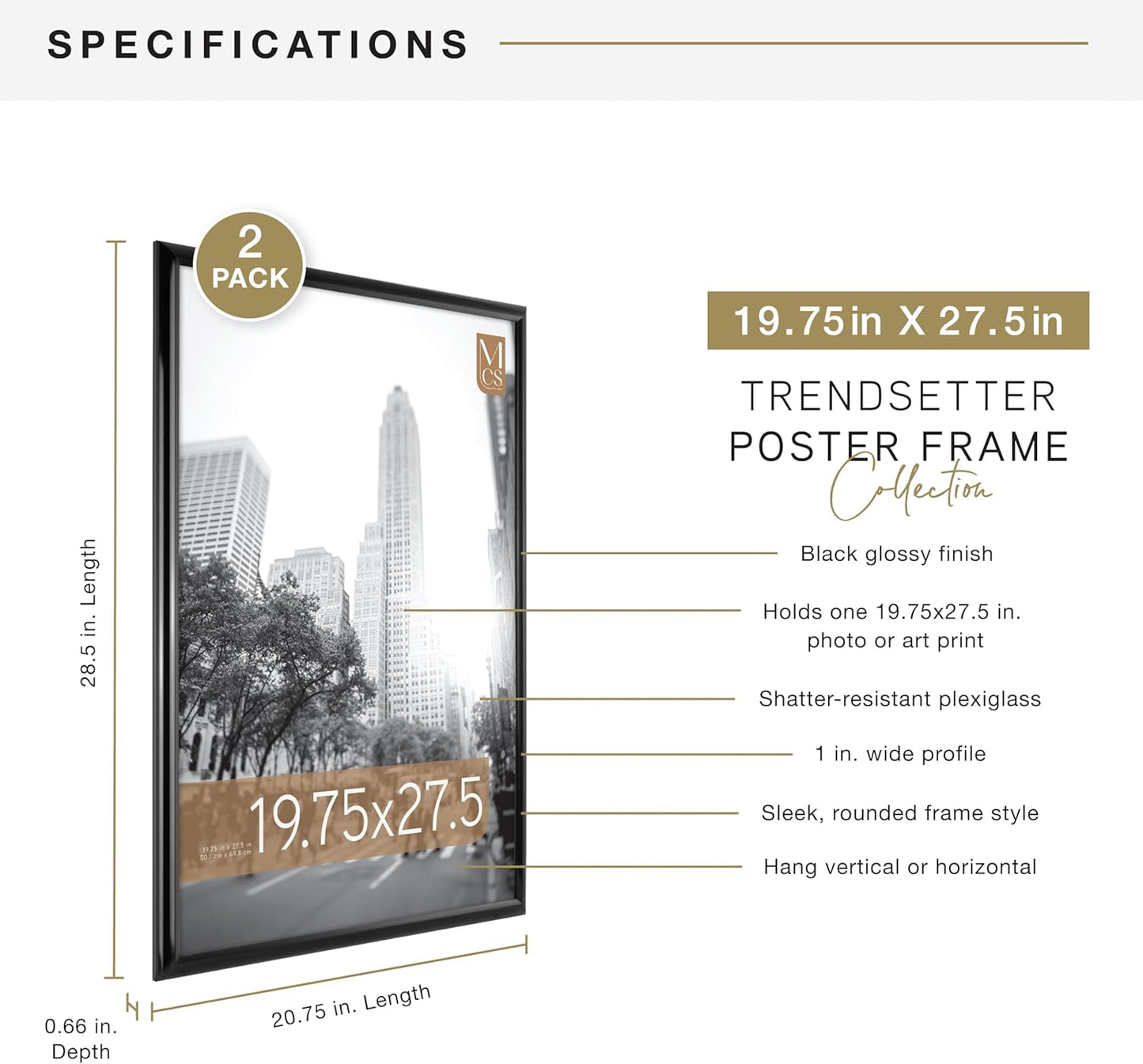 MCS Trendsetter 24x36 Poster Frame Black High-Gloss, Vertical & Horizontal Wall Hanging Large Picture Frame for Photos, Posters & Art Prints (1-Pack)