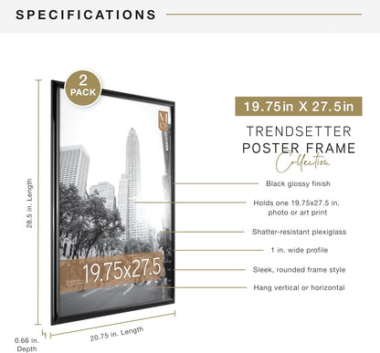 MCS Trendsetter 24x36 Poster Frame Black High-Gloss, Vertical & Horizontal Wall Hanging Large Picture Frame for Photos, Posters & Art Prints (1-Pack)