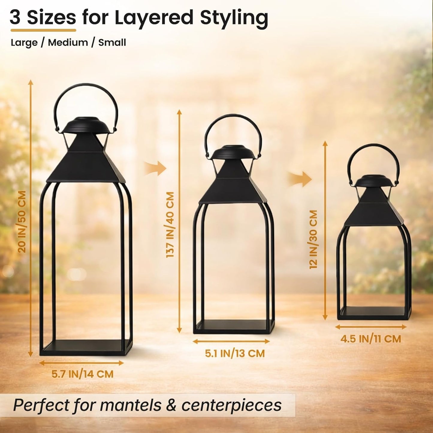 Decorative Metal Lanterns Indoor Outdoor, Set of 3 Farmhouse Lantern Holders Without Candles for Porch, Patio, Fireplace, Floor, Wedding & Holiday Table Centerpiece (Black, 20" 15.7" 12")