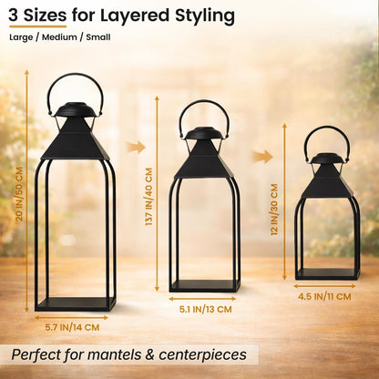 Decorative Metal Lanterns Indoor Outdoor, Set of 3 Farmhouse Lantern Holders Without Candles for Porch, Patio, Fireplace, Floor, Wedding & Holiday Table Centerpiece (Black, 20" 15.7" 12")