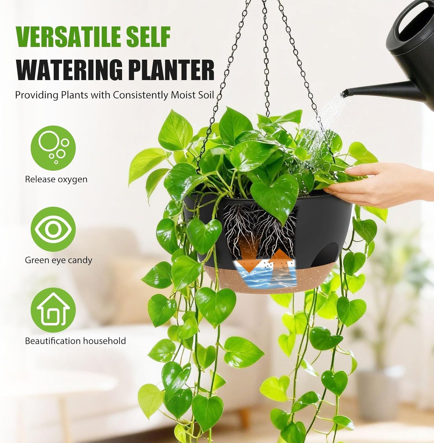8 Inch Hanging Planters for Indoor Outdoor Plants, 4 Pack Black Plastic Self Watering Hanging Baskets with Drainage Holes and Chain for Garden Porch