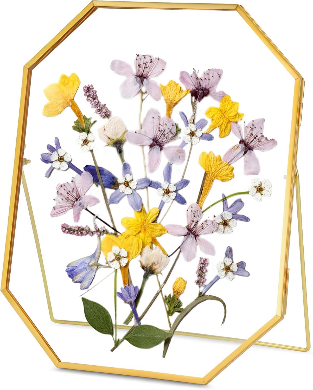 REDHUGO Glass Pressed Flower Frame Handmade, Metal Floating Picture Frame, Double Glass for Tabletop Display, Unique Brass Octagon, Gold, 5x7 Inches (Frame Only)