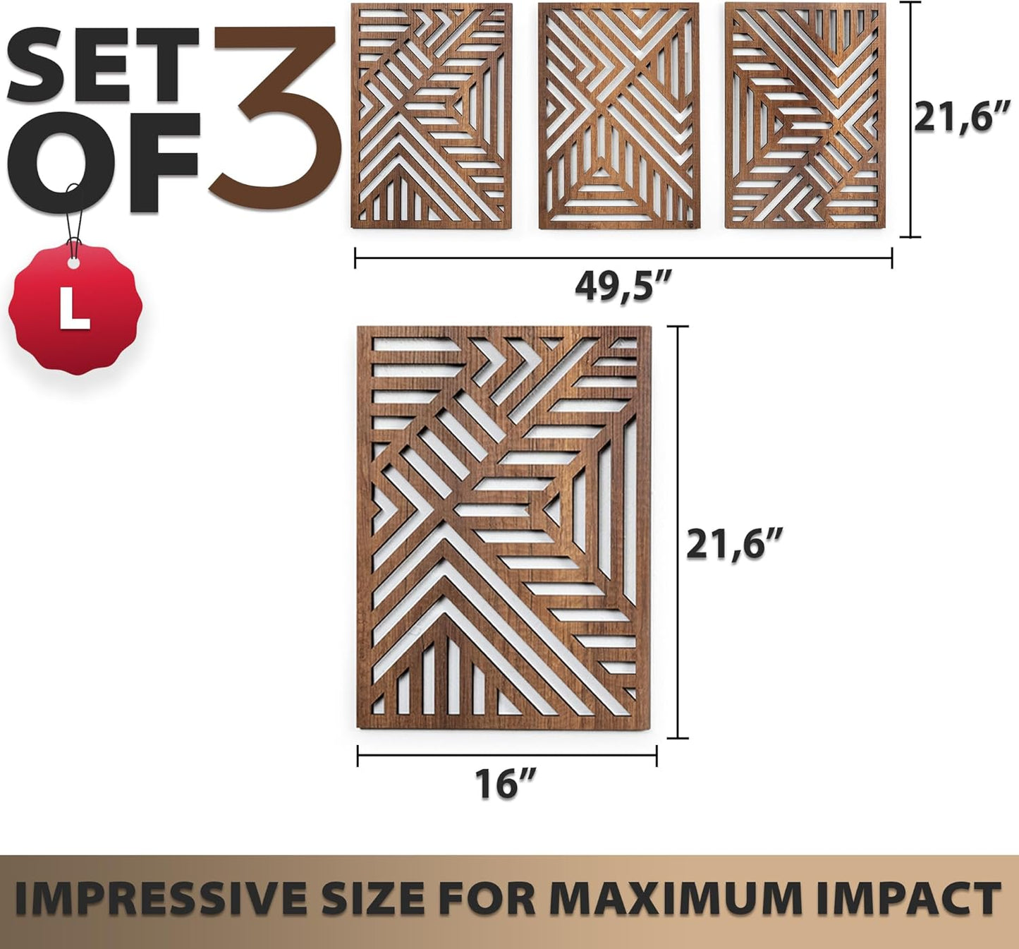 qmmp Modern Wooden Wall Sculptures - Set of 3 - Home Decor Accent - Large Wall Art for Living Room, Bedroom, Office - Easy Installation (Oak, Medium - Mountain and Sun)