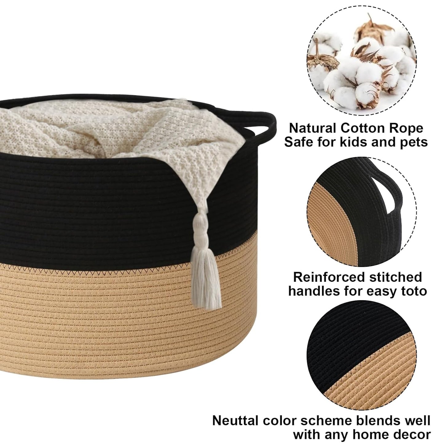 Large Woven Blanket Basket,65L Cotton Rope Laundry Basket Hamper with Handles, Decorative Nursery Basket Storage Bin for Toys, Clothes Organizer, Living Room, Bedroom, Bathroom, White & Brown