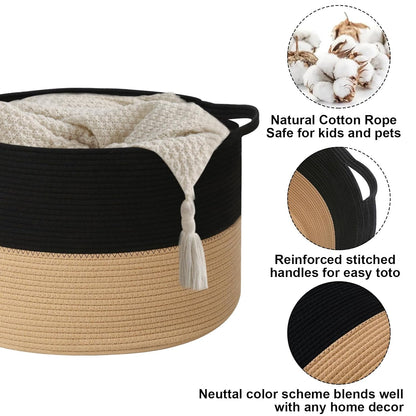 Large Woven Blanket Basket,65L Cotton Rope Laundry Basket Hamper with Handles, Decorative Nursery Basket Storage Bin for Toys, Clothes Organizer, Living Room, Bedroom, Bathroom, White & Brown