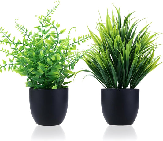 GREENTIME 4 Pack Fake Plants in Black Pot Mini Artificial Eucalyptus Potted Plant Small Faux Grass Greenery Potted for Indoor Home Office Farmhouse Bathroom Table Decoration