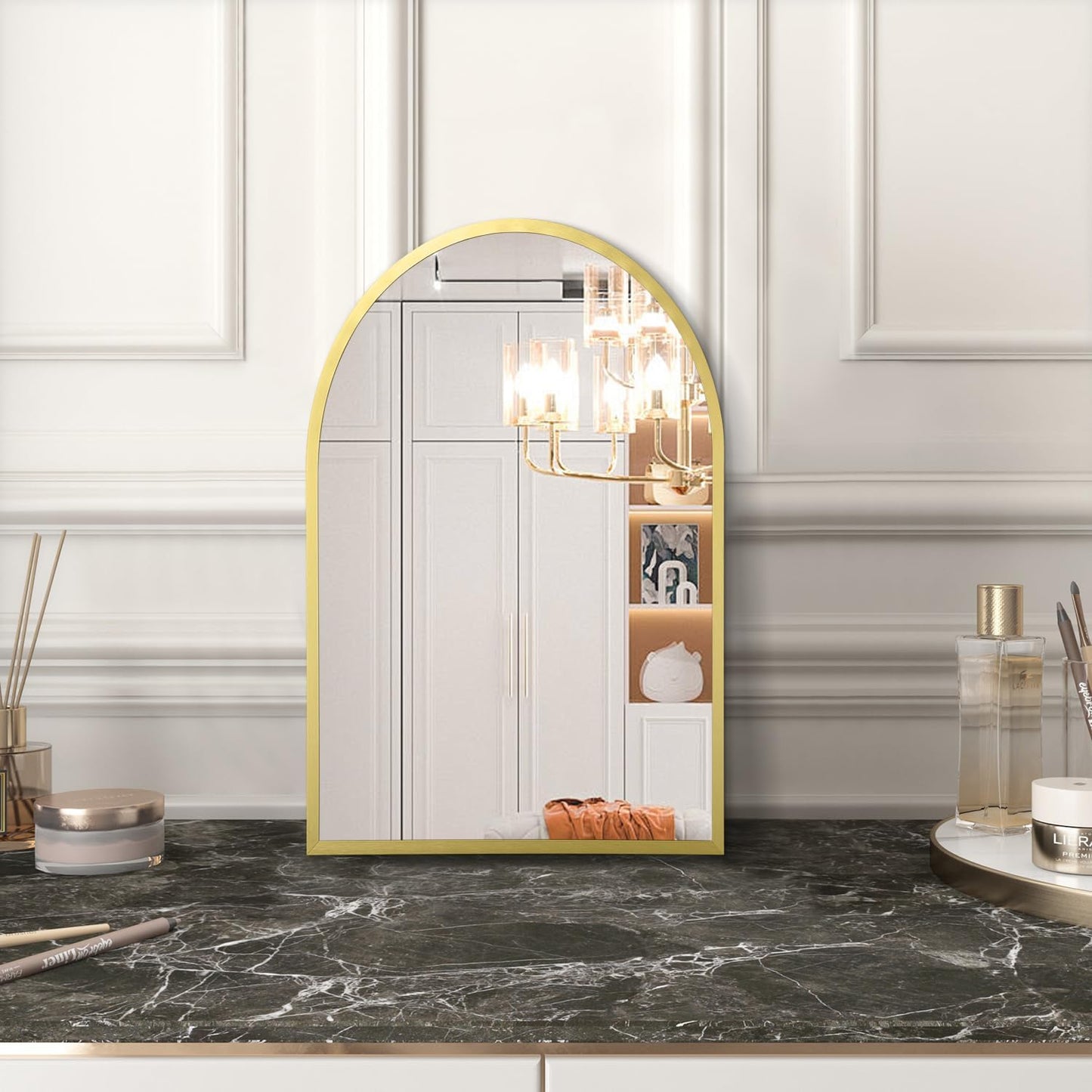 Black Arched Wall Mirror Aluminum Alloy Frame Bathroom Mirror Brushed Metal Vanity Wall Mounted Mirror for LivingRoom Bedroom Entryway Room Home Decor 16"x12"