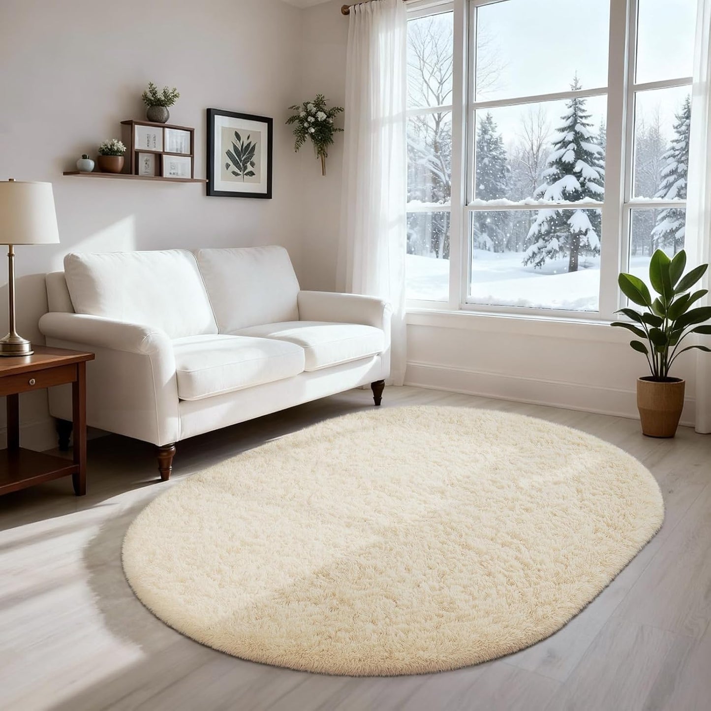 Ophanie Round Rugs 5Ft Ivory Circle Area Rug, Nursery Room Decor, Christmas Aesthetic Bedroom Home Circular Carpet 5 Foot, Fluffy Fuzzy Shag Plush Cream Living Room Rugs for Kids Boys Girls Teen Baby