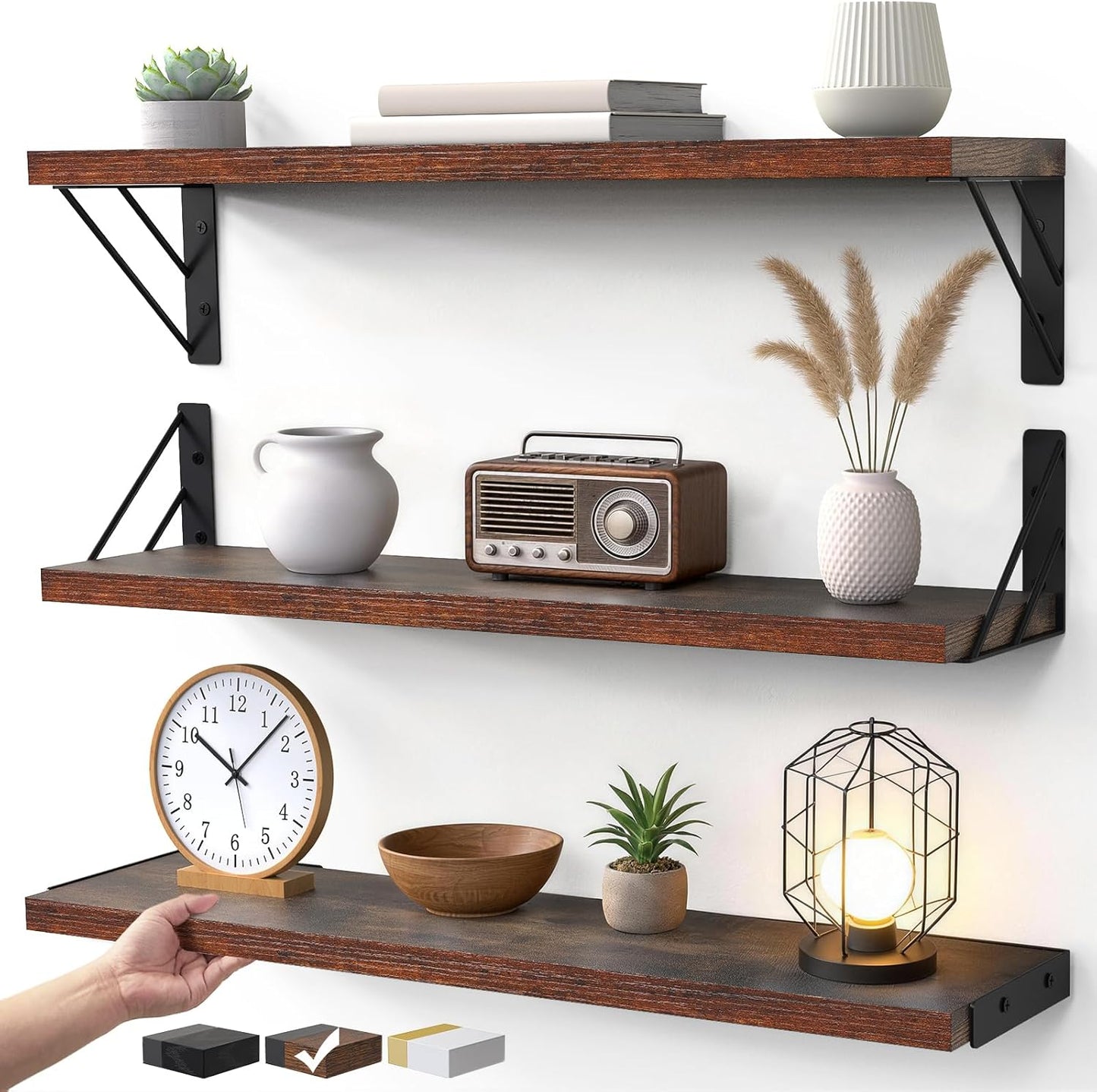 BAYKA Wall Mounted Floating Shelves, Wood Floating Wall Shelf for Books & Decor, Small Space-Saving Display & Organizer（Black，Set of 3）