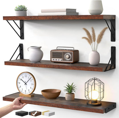 BAYKA Wall Mounted Floating Shelves, Wood Floating Wall Shelf for Books & Decor, Small Space-Saving Display & Organizer（Black，Set of 3）