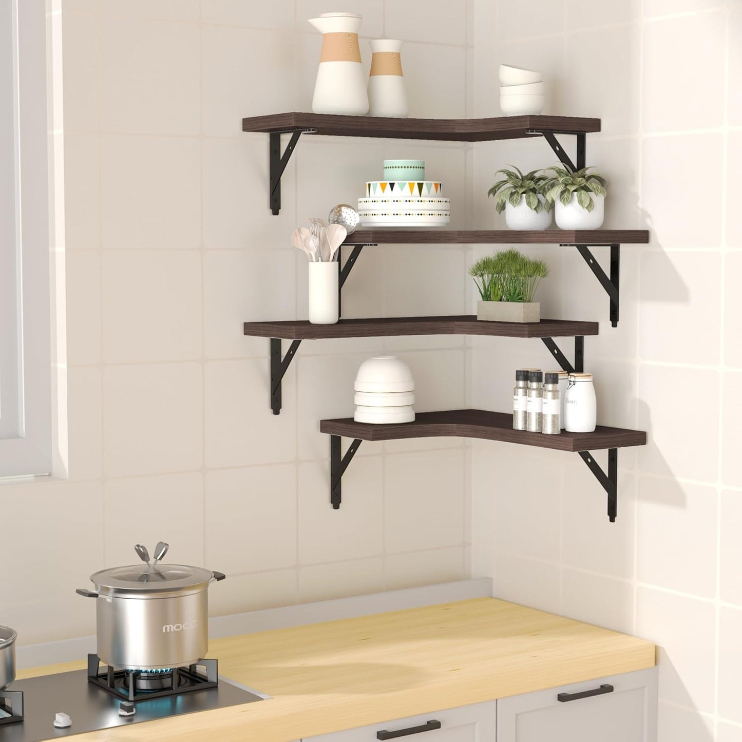 ROMGUAR CRAFT Corner Floating Shelves Wall Mounted Set of 4, Rustic Wood Storage Display Shelves for Home Decor, Bathroom, Kitchen, Bedroom, Living Room, Office (Black)