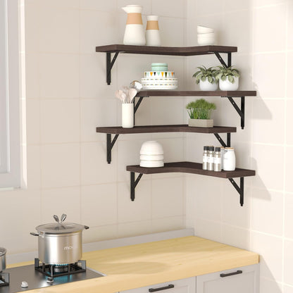 ROMGUAR CRAFT Corner Floating Shelves Wall Mounted Set of 4, Rustic Wood Storage Display Shelves for Home Decor, Bathroom, Kitchen, Bedroom, Living Room, Office (Black)