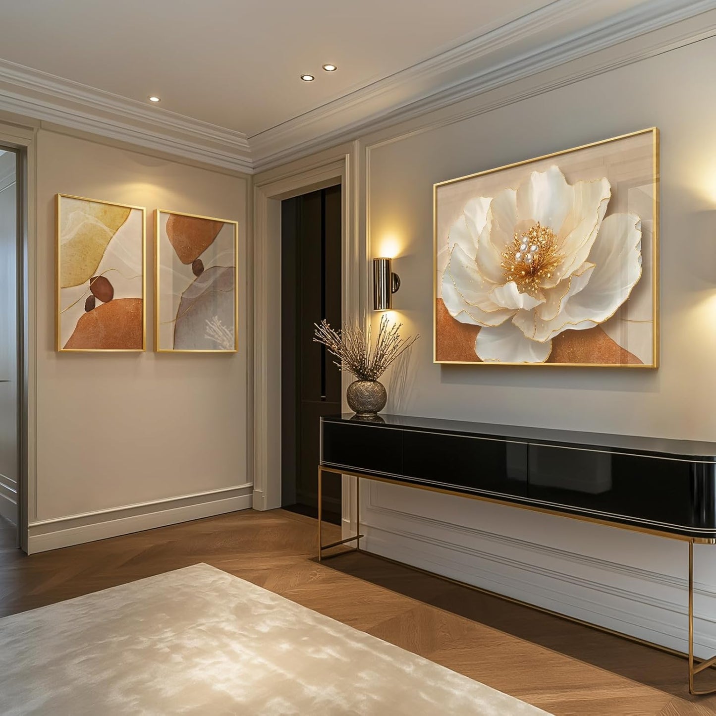 Framed Modern Luxury Gold Wall Art, Set of 3 Piece Contemporary Paintings Artwork for Walls, Golden Prints Pictures with Gold Frame, Wall Decor for Living Room, Hallway, Bedroom, Office 16x24 Inch