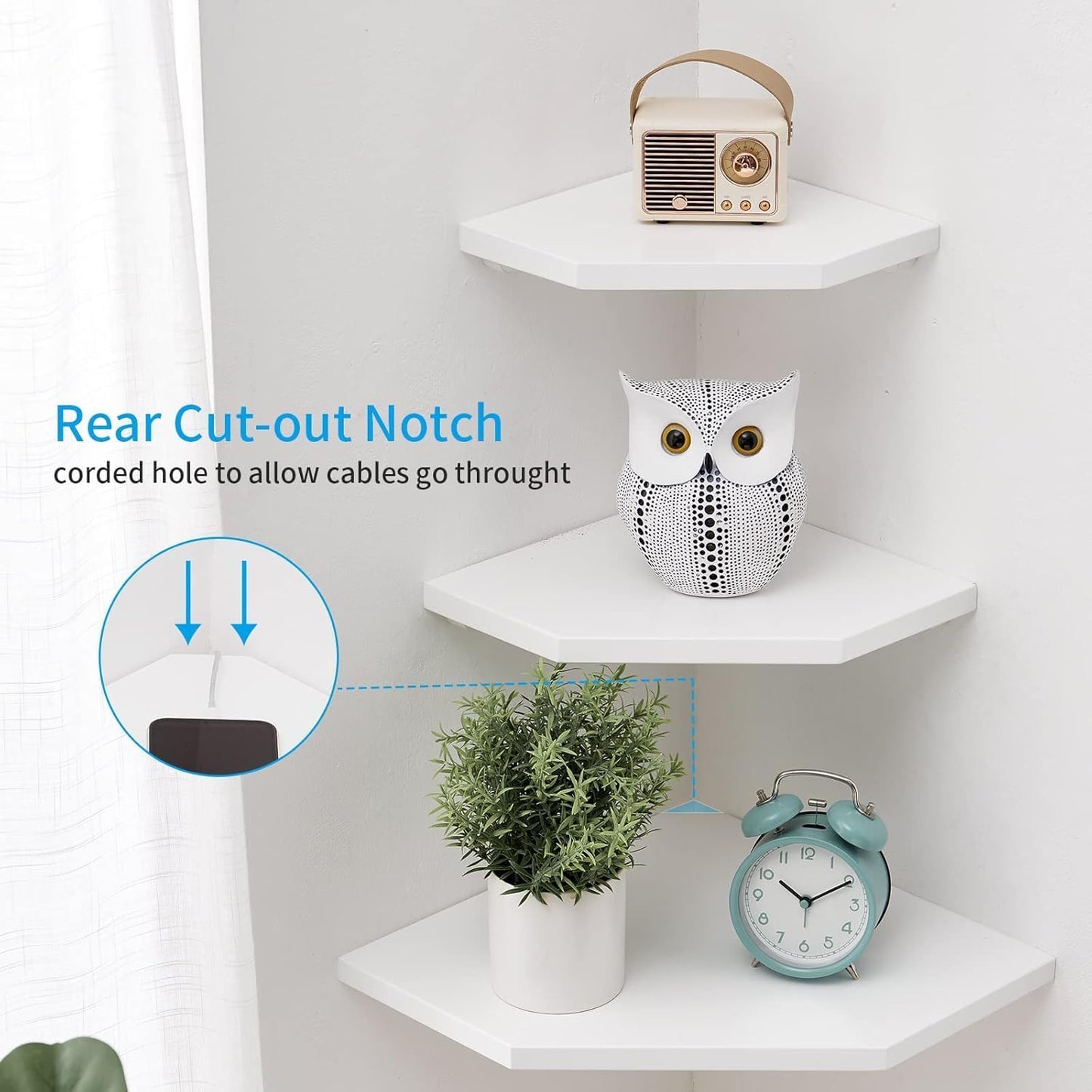 Corner Wall Shelves, Corner Floating Shelves Set of 2 Solid Oak Wood Display Shelf with Wire Hole Small Plant for Kitchen Living Room Natural