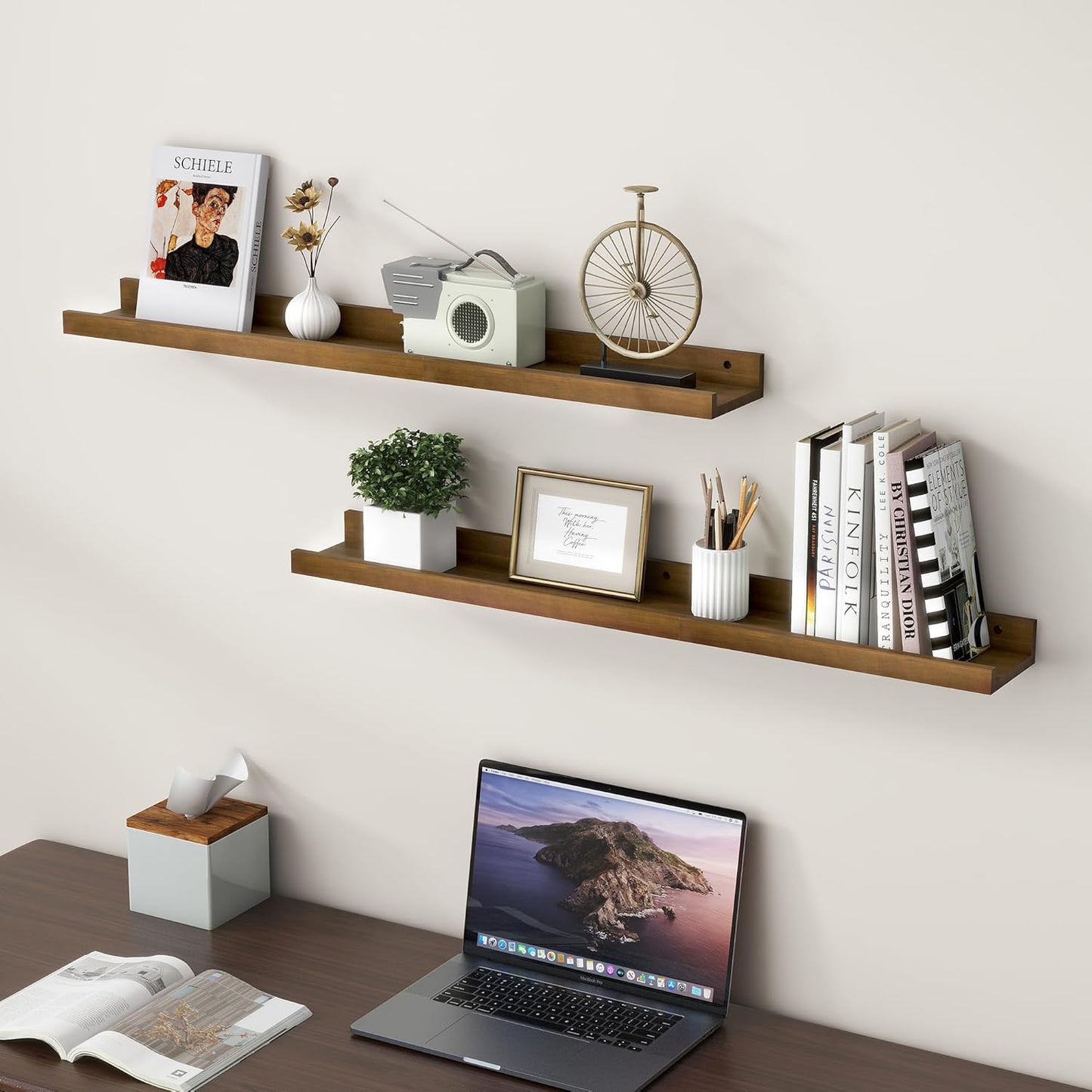 FLYJOE Picture Ledge Shelf, Floating Shelves Set of 2, Solid Pine Wood 55'' Long Large Nursery Book Shelves for Toys Storage, Kids Bookshelf for Living Room Bedroom Decor Books Photo Frames, Walnut