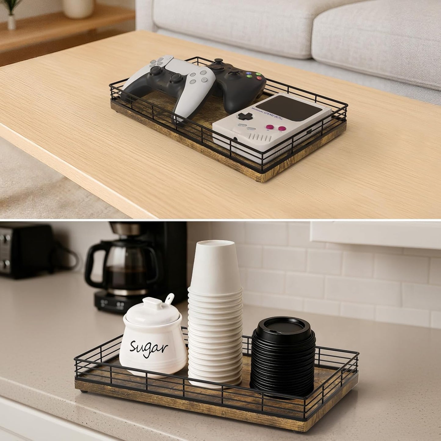Bathroom Vanity Tray for Countertop, 12" x 6" Acacia Wood Toilet Tank Tray with Metal Guardrail, Bathroom Organizer for Soap, Perfume & Skincare, Non-Slip Decorative Tray for Dresser, Black & Acacia