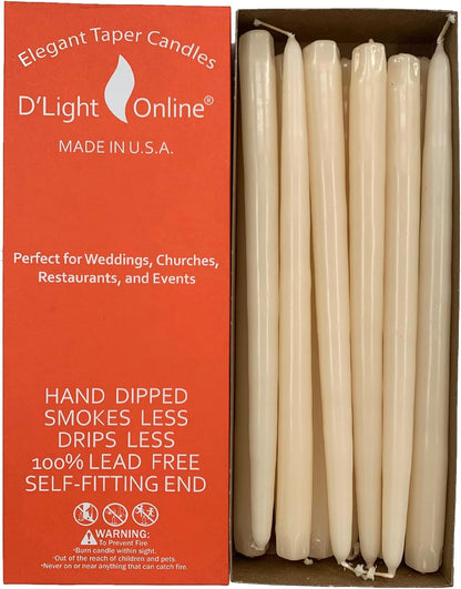 D'light Online White Taper Candles, 10 Inch Premium Quality Candles Hand-Dipped Tapered Candles, Dripless, Smokeless and Unwrapped Bulk Pack for Events - Set of 12 (10 Inch, White)