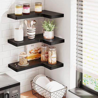 Fixwal Corner Floating Shelves for Wall Mounted Natural Solid Wood 16"x11.4" Farmhouse Home Decor Display Shelving Set of 3 (Rustic Brown)