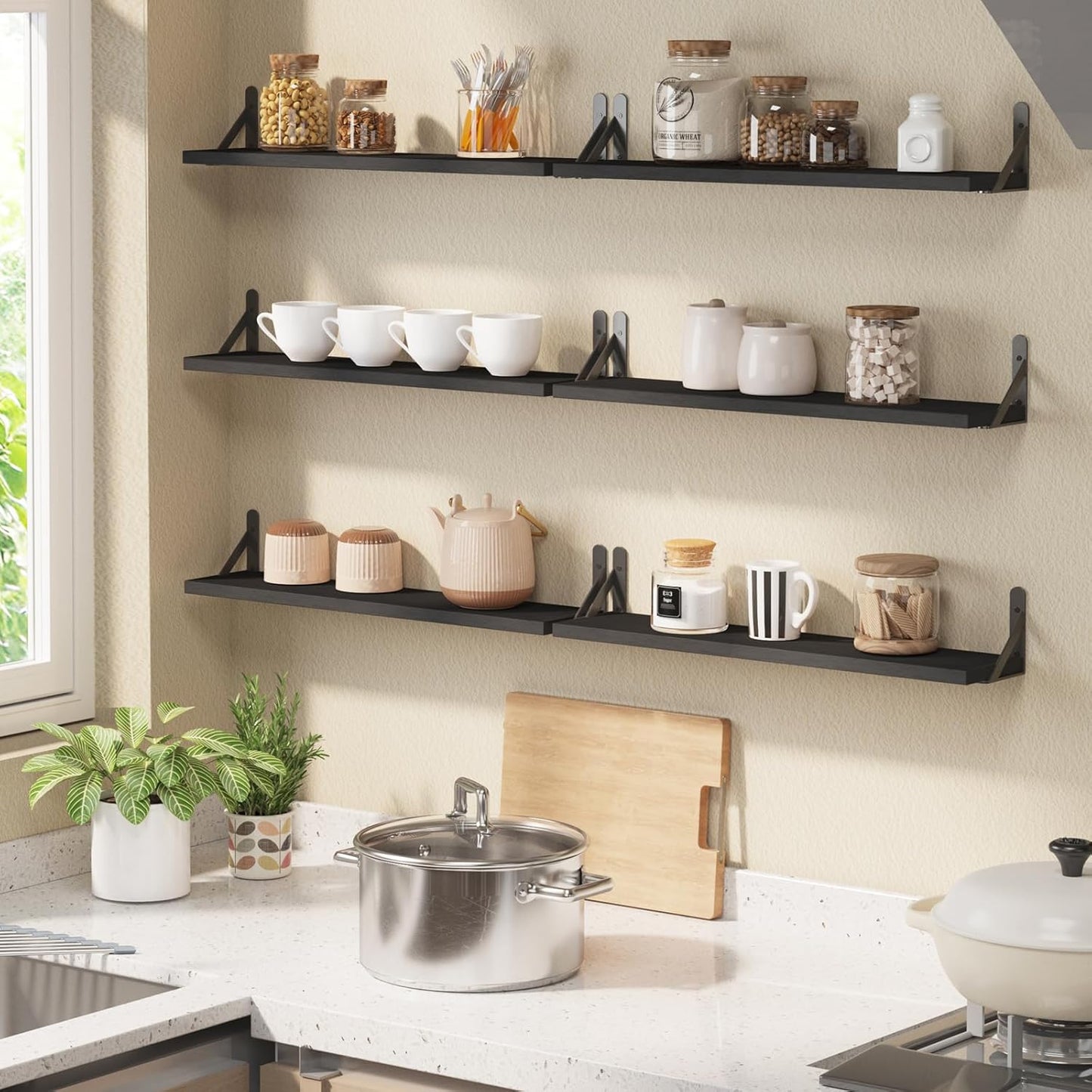YGEOMER Brown Floating Shelves for Wall, 16.5 Inch Farmhouse Wall Shelves for Bedroom, Bathroom Storage, Living Room and Kitchen Decor (Set of 6 Brown)