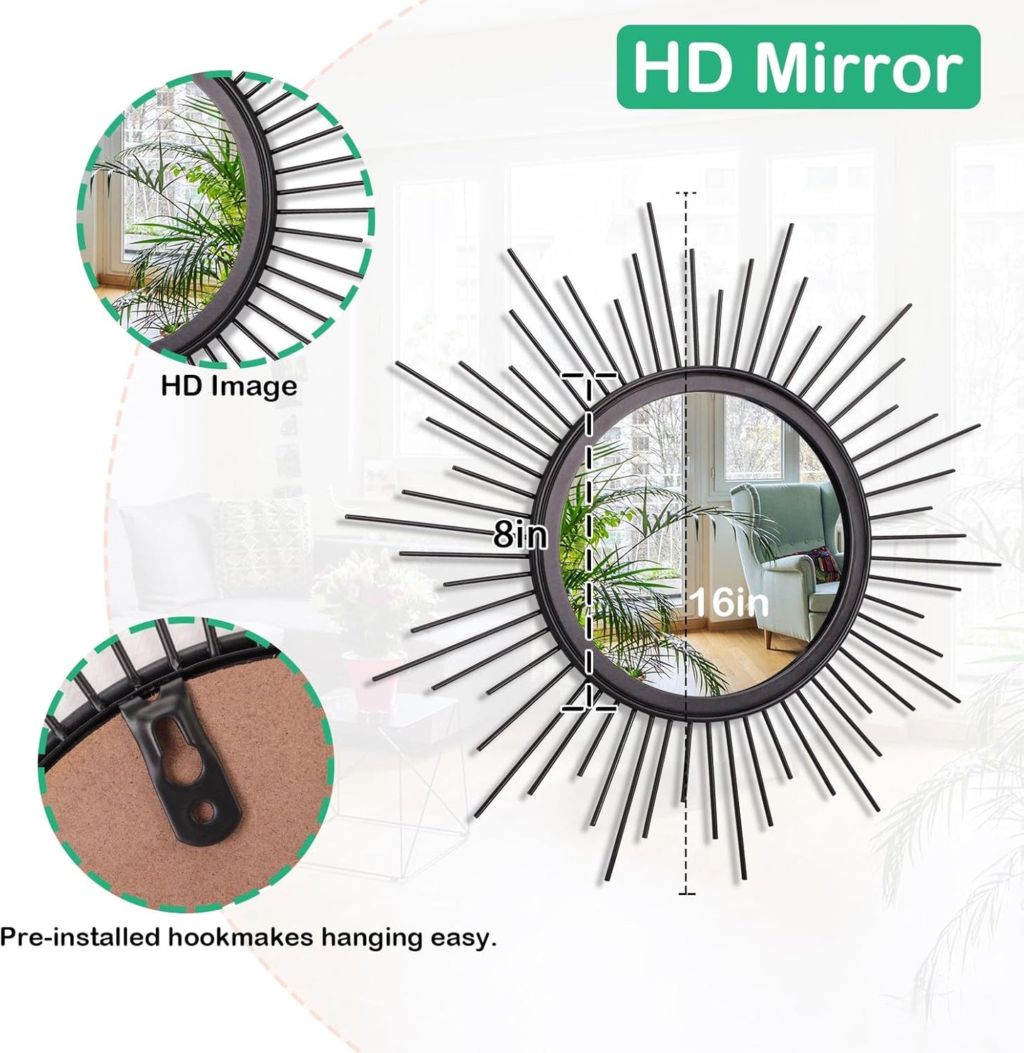 Gold Sunburst Mirrors for Wall Decorative Metal Round Art Mirrors Large Wall Decor Hanging Mirror for Bathroom Bedroom Living Room Vanity Entryway 16"
