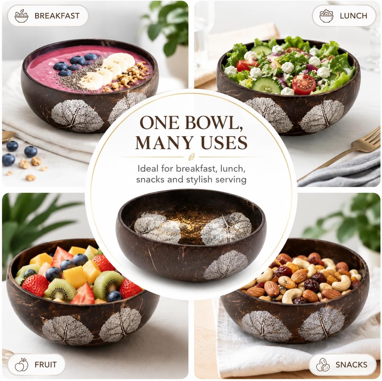 ChezMax Natural Coconut Bowl with Mother of Pearl Inlays - Key Bowl & Fruit Snack Holder (Blue-Gold)