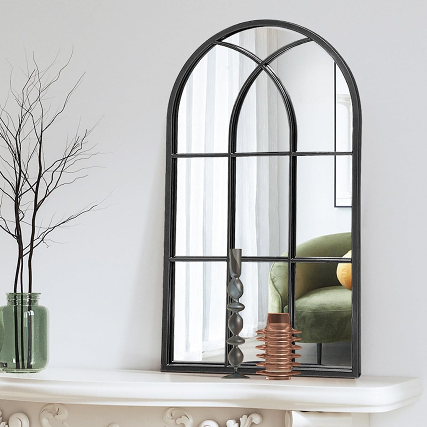 Dewfig 65"x 22" Arched Window pane Full Length Mirror, Wall Mirror, Floor Standing Mirrors, Farmhouse Long Full Body Mirrors Wall Mounted for Living Room, Bedroom, Entryway, Fireplace, Black