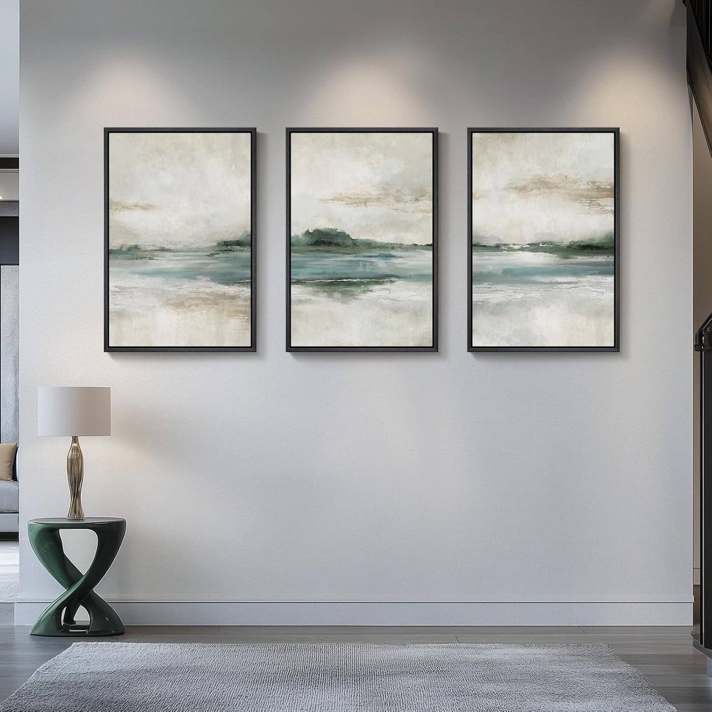 Large Framed Abstract Nature Landscape Wall Art for Living Room, Set of 3 Modern Canvas Prints Paintings Artwork for Walls, Green Lake Pictures for Hallway, Dining Room, Office Wall Decor 24x36 Inch