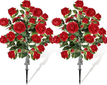 Lunmon 2 Pack 3ft Artificial Camellia Plants Tree 36" Faux Camellia Flower with Spike UV Resistant Realistic Fake Floral Blooming Bush for Indoor Outdoor Front Door Porch Backyard Garden, Purple