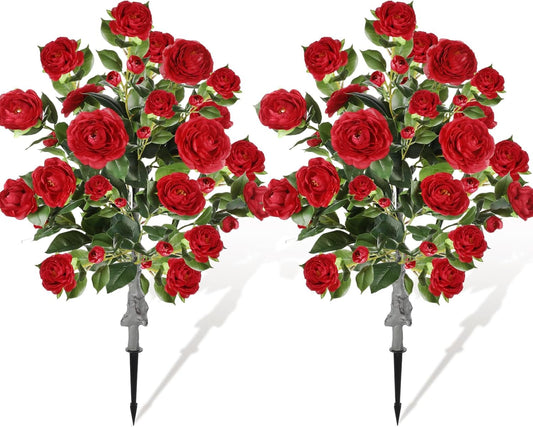 Lunmon 2 Pack 3ft Artificial Camellia Plants Tree 36" Faux Camellia Flower with Spike UV Resistant Realistic Fake Floral Blooming Bush for Indoor Outdoor Front Door Porch Backyard Garden, Purple
