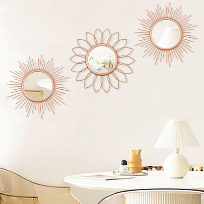3 Pack Metal Mirrors for Wall Sunburst Wall Mirrors Home Décor Decorative Hanging Wall Art for Living Room Bedroom Entryway (Gold, Flower+Sunburst)
