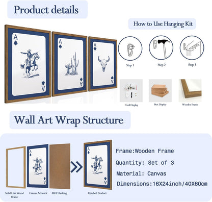 Western Wall Art Set of 3, Southwestern Cowboy Playing Card Wall Decor, Longhorn Bull Skull and How Lucky are We Poster Canvas Painting Prints for Bedroom Living Room 12x16 inch Wood Framed