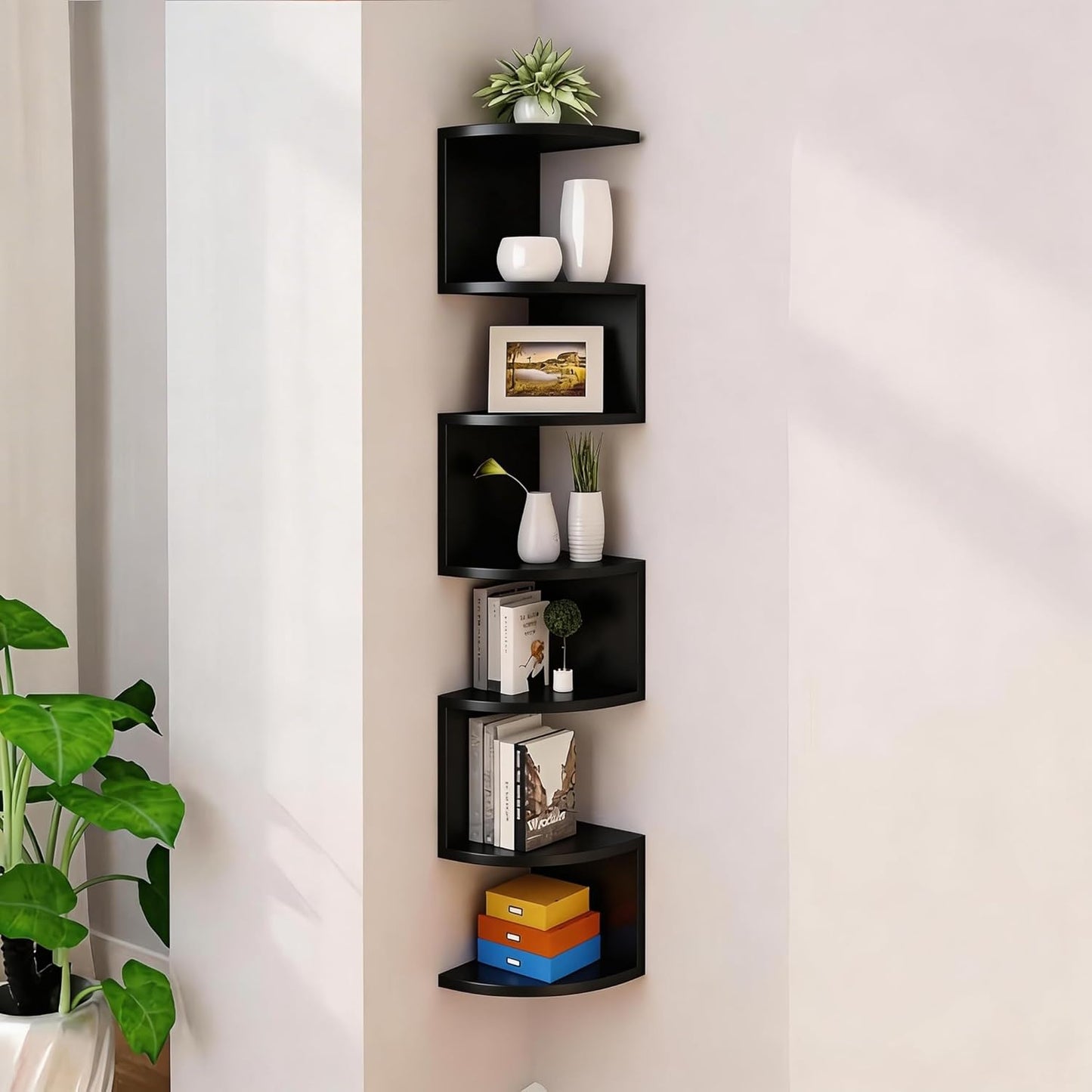 No-Drill Corner Shelf Wall Mount, 5-Tier Floating Corner Bookshelf with Hooks, Space-Saving Zigzag Plant Shelf for Bedroom, Living Room, Bathroom, Home Office