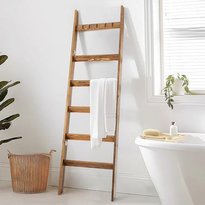 TEAKMAMA 6-Tier Blanket Ladder for Living Room and Bedroom,5.4 Ft Wall Leaning Quilt Rack with Hooks,Rustic Decorative Farmhouse Blanket Storage,Stylish Ladder Holder,Christmas Decorations,Black