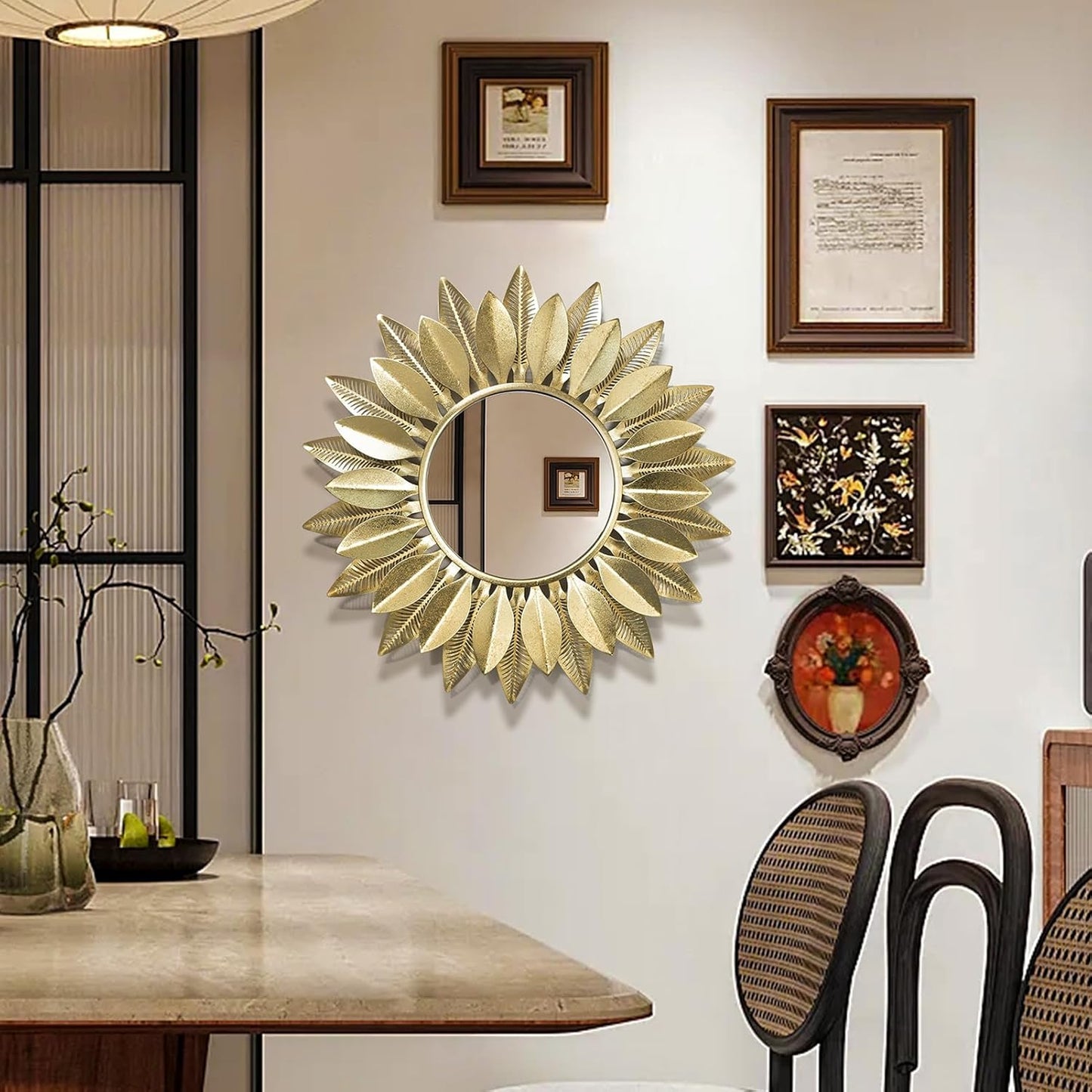 24" Gold Sunburst Decorative Wall Mirror – Handmade Flower Design, Luxury Round Accent Mirror Boho Wall Decor for Bedroom,Entryway, Dining Room & Kitchen