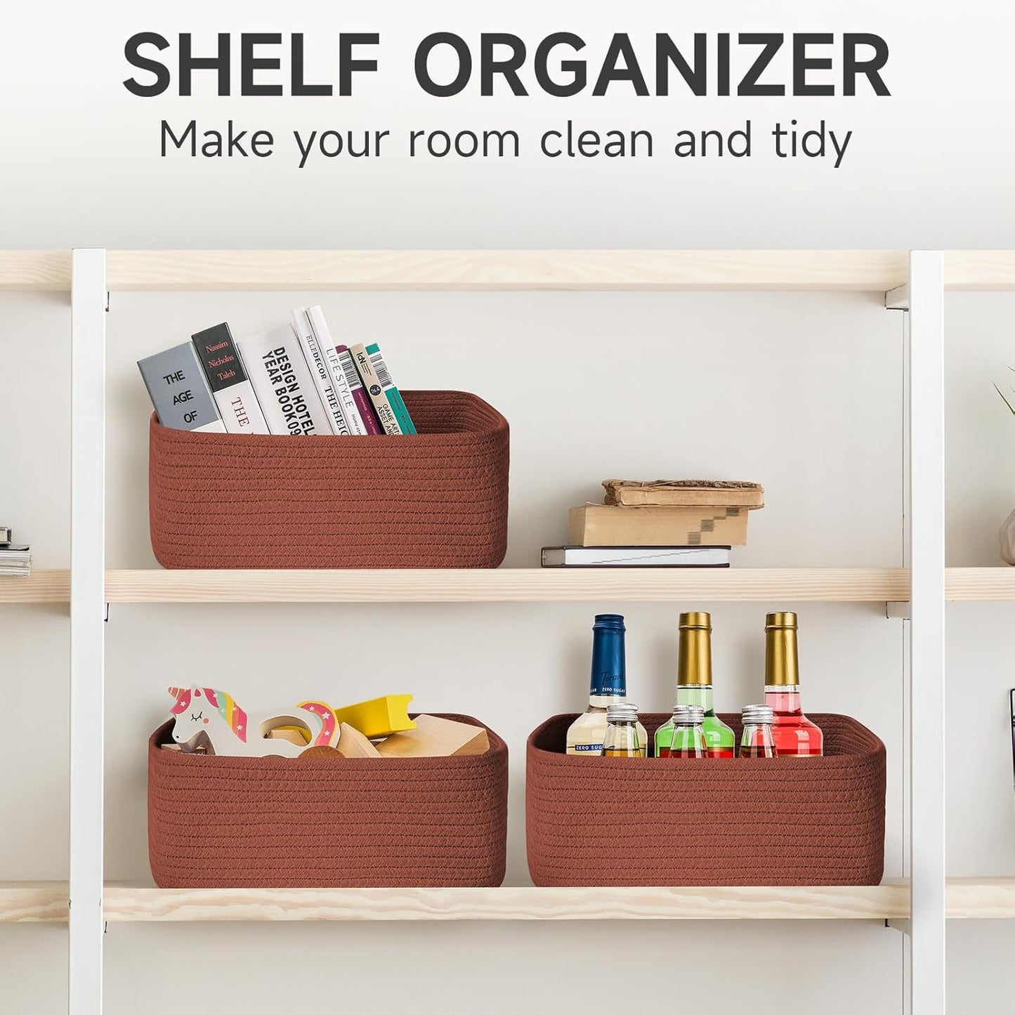 3-Pack Small Storage Baskets for Organizing | Woven Shelf Toy Basket | Rope Baskets for Gifts Empty | Closet Organizer Bins with Handles | Cube Decorative Box | 11.8×7.8×5.1” | Mixed brown