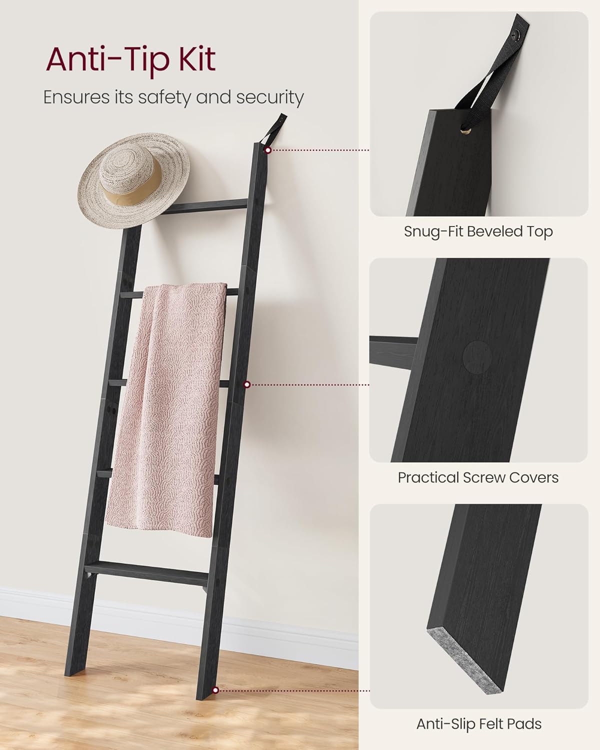 VASAGLE Blanket Ladder Decorative Farmhouse for The Living Room, 5-Tier Ladder Shelf, Ladder Rack for Storage and Decor, Honey Brown ULLS018K41