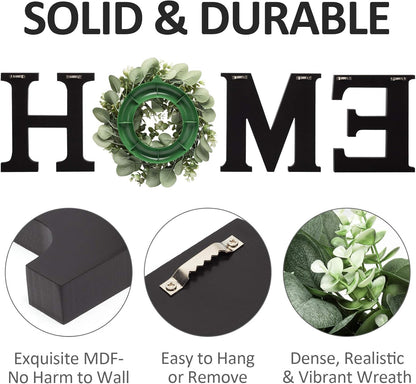 MAYICIVO Modern Wooden Home Sign with Artificial Eucalyptus Wreath, White and Beige, 13.81 inches Diameter, Wall Mount, MDF Wood, Plastic
