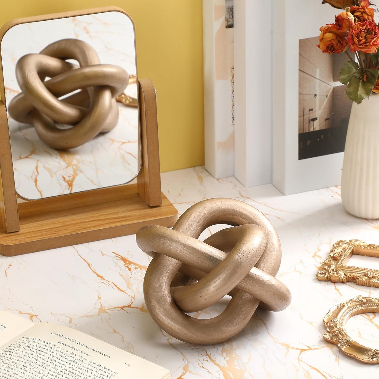 Yalikop 3 Link Wood Knot Decor Rustic Home Décor Accents Hand Carved Coffee Table Decoration, Boho Chain Link Decoration, Modern Shelf, Rustic Objects for Home Living Room Bedroom(White)