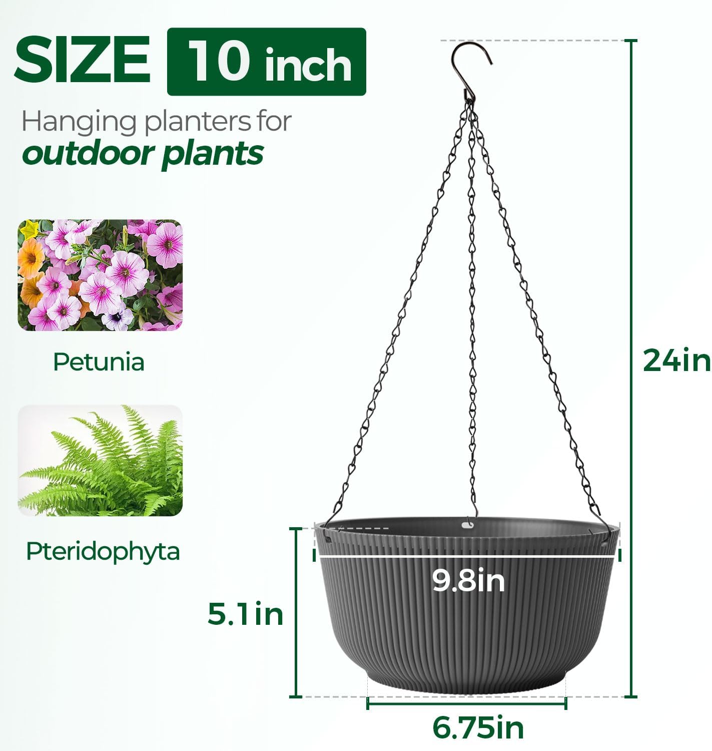 T4U 10 Inch Hanging Planters for Indoor Plants, 2 Pack White Self Watering Hanging Plant Pot, Hanging Pots Set with Drainage Hole & Plug & Chain with 3 Hooks for Garden Home Decor
