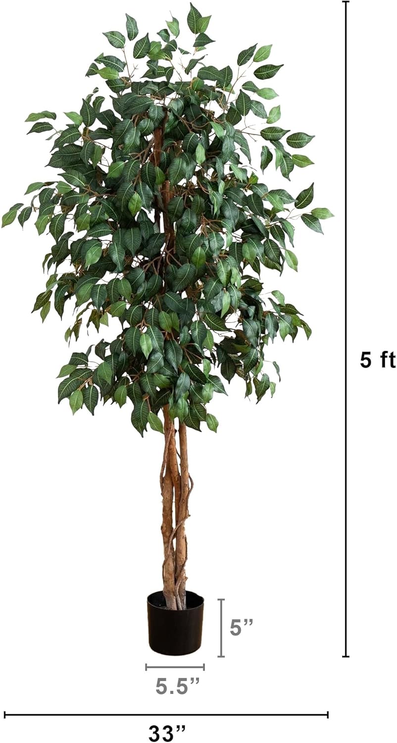 Nearly Natural 4ft Triple Trunk Ficus Silk Tree with Natural Wood Trunks and Dense Foliage, Mid-Size Faux Floor Plant for Home and Office