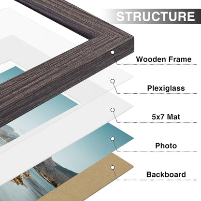 Vittanly 8x10 Picture Frames Set of 9, Shatter Resistant Plexiglass, Display 5x7 Pictures with Mat or 8x10 without Mat, Photo Frames for Wall or Tabletop, Engineered Wood, Black - Colors B