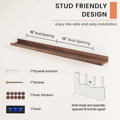 FLYJOE Picture Ledge Shelf, Floating Shelves Set of 2, 48 Inches Long Large Nursery Book Shelves for Toys Storage, Kids Bookshelf Wall Mounted for Living Room Bedroom Decor Books Photo Frames, Walnut