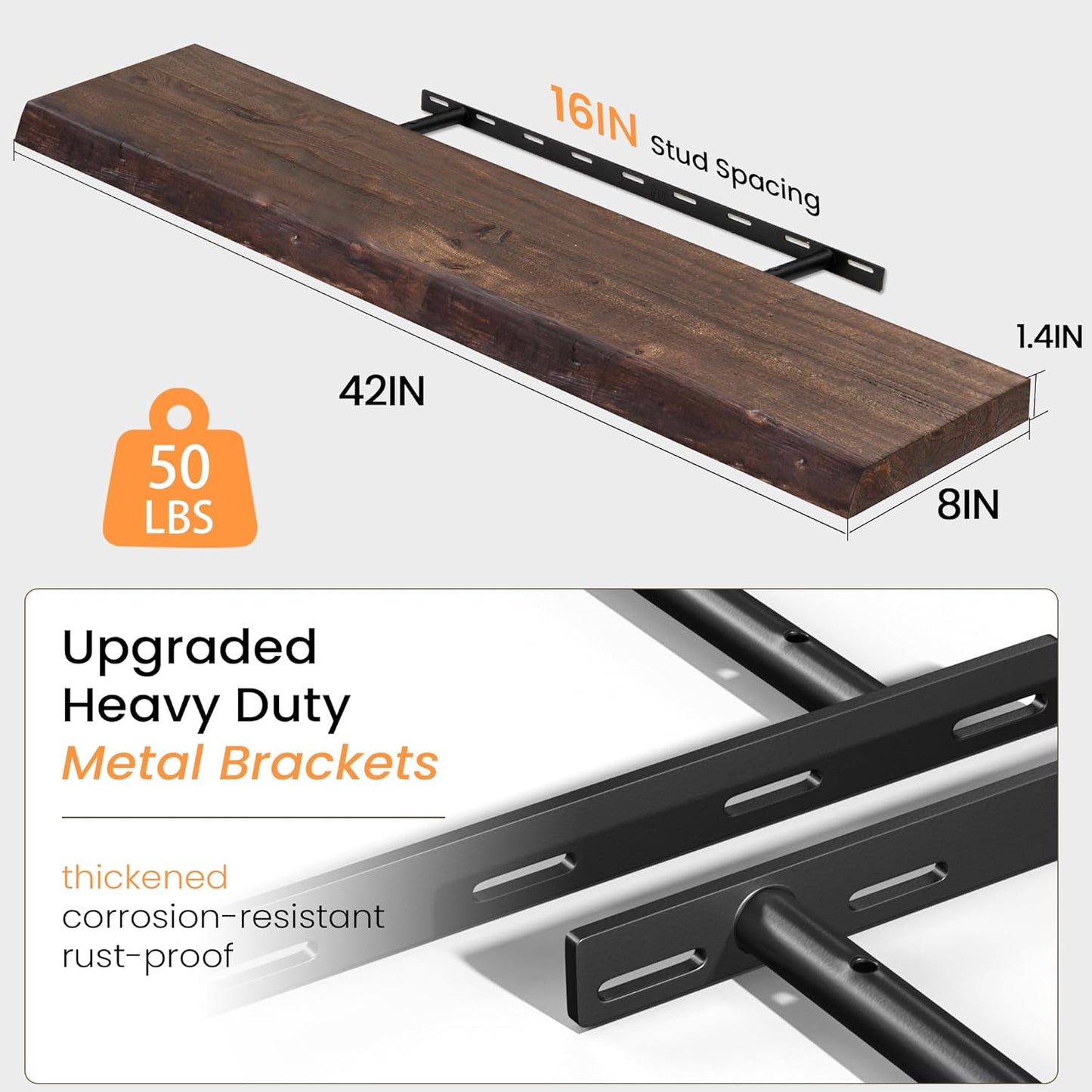 Floating Shelves 36 Inches Long - 8 Inch Deep Rustic Premium Solid Pine Wood for Storage - Farmhouse Wall Mounted for Living Room - Heavy-Duty Metal Bracket - 36" W x 8" D - Set of 2 - White Color