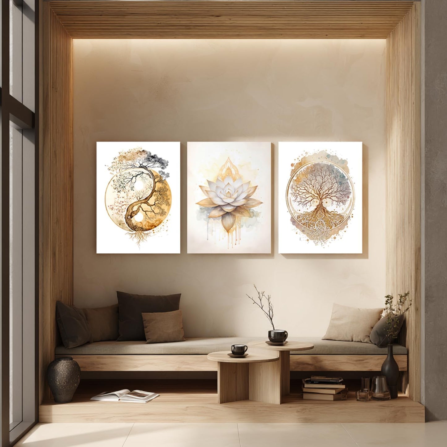 GELDSTEI Calm Zen Botanical Canvas Wall Art, White Lotus Blooming on Stones in Water Aesthetic Pictures, Yoga Spa Meditation Room Decor, Modern Spiritual Poster Prints for Zen Office Framed Set of 3, Each 12x16 Inch