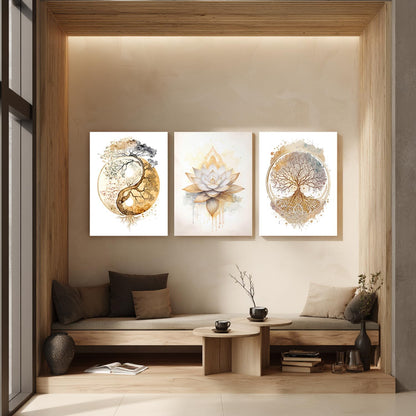 GELDSTEI Calm Zen Botanical Canvas Wall Art, White Lotus Blooming on Stones in Water Aesthetic Pictures, Yoga Spa Meditation Room Decor, Modern Spiritual Poster Prints for Zen Office Framed Set of 3, Each 12x16 Inch