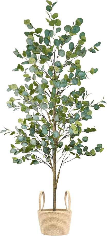 Caxchiling Faux Eucalyptus Tree 6FT, Artificial Potted Tree for Indoor Outdoor, Fake Floor Plants with Natural Wood Trunk, Home Office Living Room Bedroom Decor