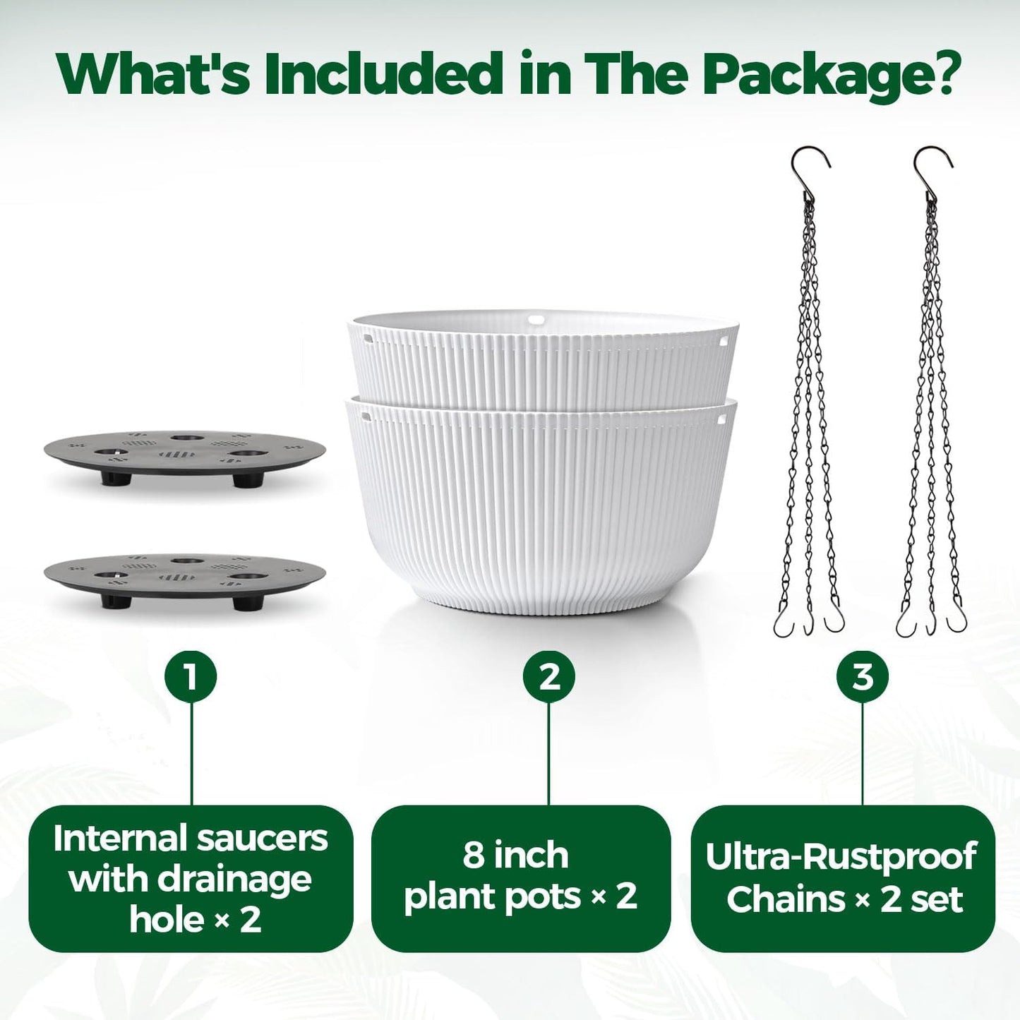 T4U 10 Inch Hanging Planters for Indoor Plants, 2 Pack White Self Watering Hanging Plant Pot, Hanging Pots Set with Drainage Hole & Plug & Chain with 3 Hooks for Garden Home Decor